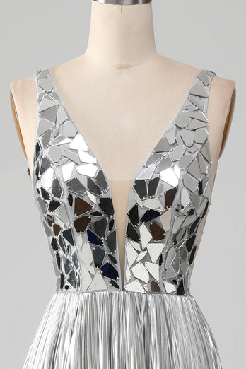 Sparkly A-Line V-Neck Silver Prom Dress med Slit