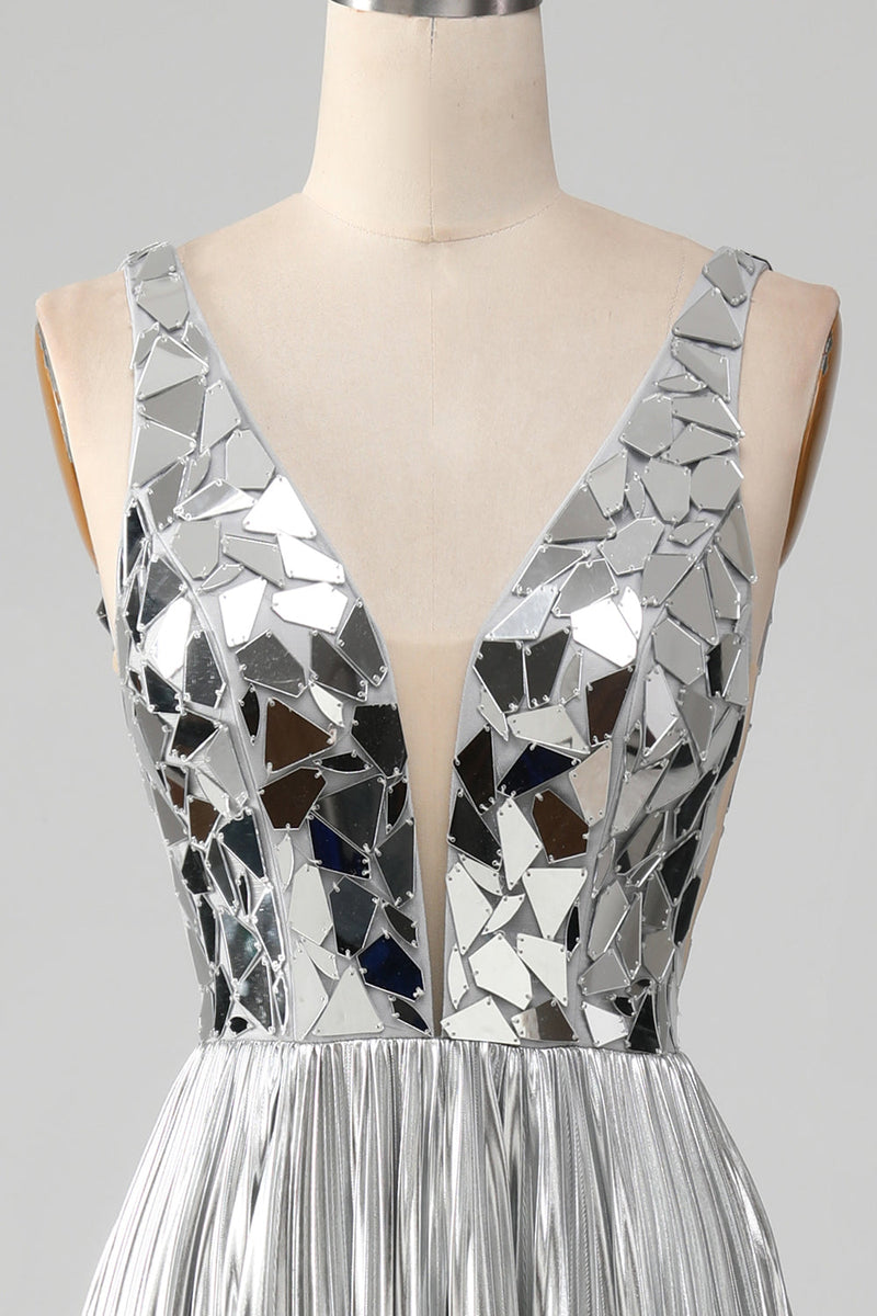 Load image into Gallery viewer, Sparkly A-Line V-Neck Silver Prom Dress med Slit