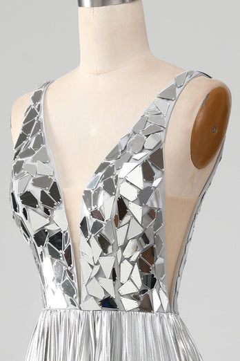 Sparkly A-Line V-Neck Silver Prom Dress med Slit