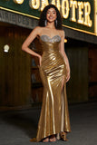 Sparkly Golden Mermaid stroppeløs Long Beaded Prom kjole med Slit