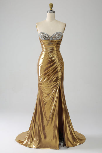 Golden Mermaid stroppeløs lang ballkjole med spalt