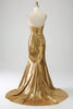 Load image into Gallery viewer, Golden Mermaid stroppeløs lang ballkjole med spalt