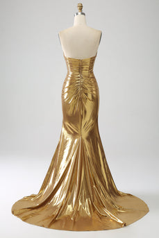 Golden Mermaid stroppeløs lang ballkjole med spalt