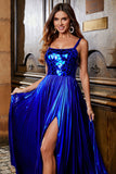 Sparkly A Line Royal Blue Long Prom kjole med Criss Cross Back