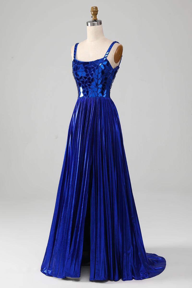 Load image into Gallery viewer, Sparkly Lace-Up Back Royal Blue Prom kjole med Slit