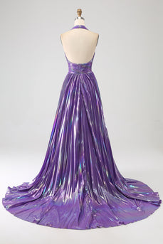 Glitter Purple plissert metallisk lang ballkjole med spalt