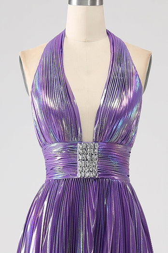Glitter Purple plissert metallisk lang ballkjole med spalt