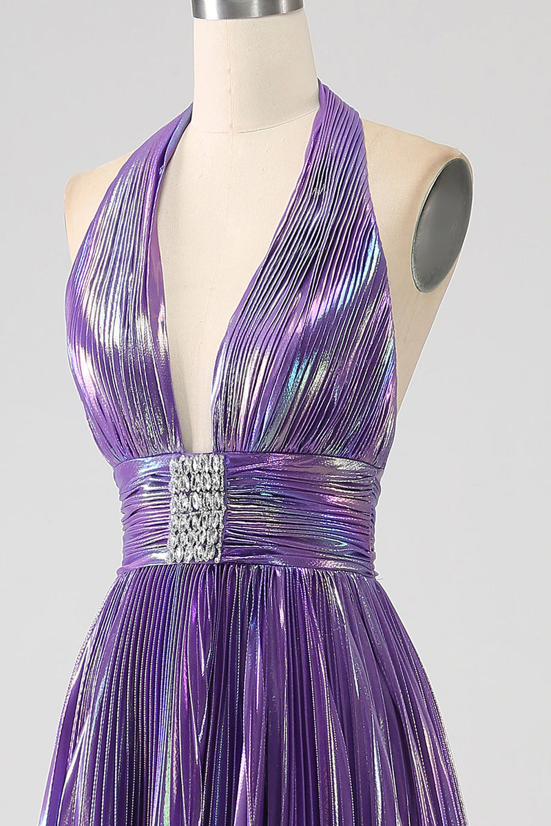 Load image into Gallery viewer, Glitter Purple plissert metallisk lang ballkjole med spalt