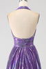 Load image into Gallery viewer, Glitter Purple plissert metallisk lang ballkjole med spalt