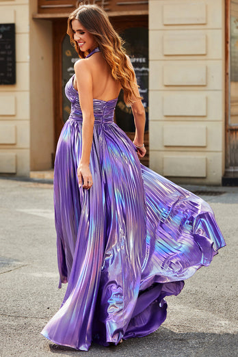 Stunning A Line Halter Neck Purple Long Prom Dress med Keyhole Split Front