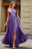 Stunning A Line Halter Neck Purple Long Prom Dress med Keyhole Split Front