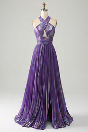 Sparkly Purple Halter A Line Prom Dress med plissert