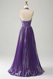 Sparkly Purple Halter A Line Prom Dress med plissert