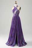 Sparkly Purple Halter A Line Prom Dress med plissert