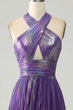 Sparkly Purple Halter A Line Prom Dress med plissert