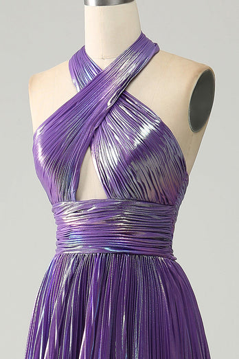 Sparkly Purple Halter A Line Prom Dress med plissert
