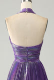 Sparkly Purple Halter A Line Prom Dress med plissert