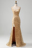 Load image into Gallery viewer, Golden Mermaid Spaghetti stropper Sequined Prom kjole med spalt