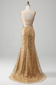 Golden Mermaid Spaghetti stropper Sequined Prom kjole med spalt