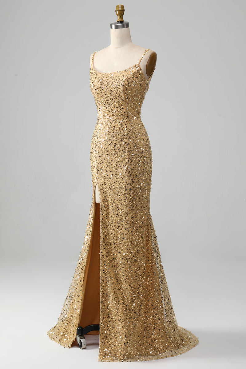 Load image into Gallery viewer, Golden Mermaid Spaghetti stropper Sequined Prom kjole med spalt