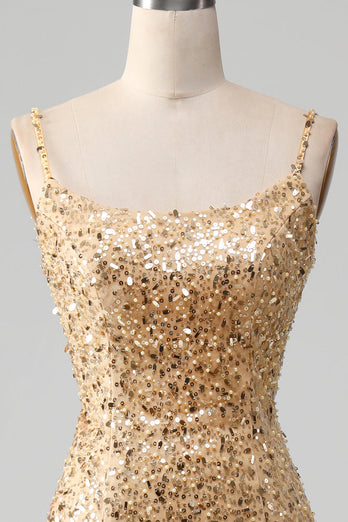 Golden Mermaid Spaghetti stropper Sequined Prom kjole med spalt