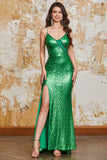 Sparkly Mermaid Green Sequins Long Prom Dress med Split Front