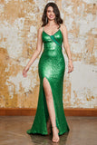 Sparkly Mermaid Green Sequins Long Prom Dress med Split Front