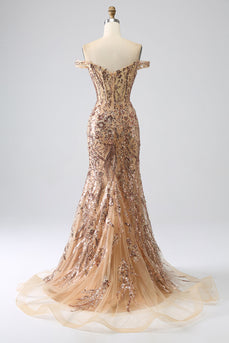 Sparkly Mermaid Off The Shoulder Golden Corset Prom Dress med Slit