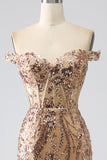 Sparkly Mermaid Off The Shoulder Golden Corset Prom Dress med Slit