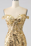 Sparkly Mermaid Off The Shoulder Golden Corset Prom Dress med Slit