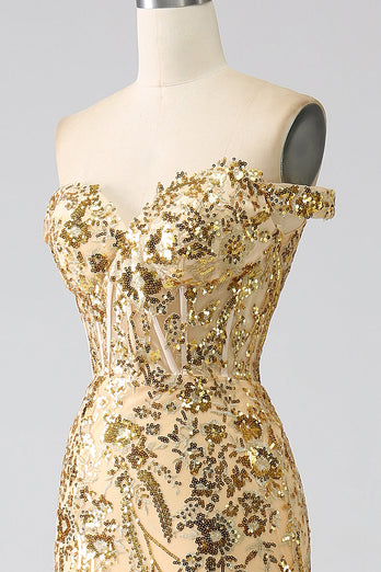 Sparkly Mermaid Off The Shoulder Golden Corset Prom Dress med Slit