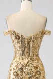 Sparkly Mermaid Off The Shoulder Golden Corset Prom Dress med Slit