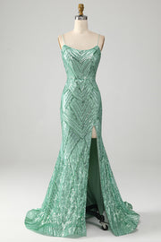 Sparkly Green Sequins Lace-Up Back Long Mermaid Prom Dress med Slit