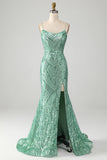 Sparkly Green Sequins Lace-Up Back Long Mermaid Prom Dress med Slit