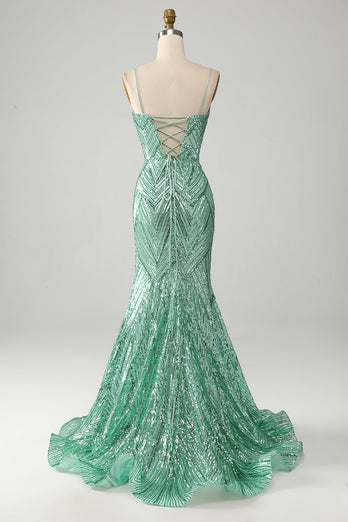 Sparkly Green Sequins Lace-Up Back Long Mermaid Prom Dress med Slit