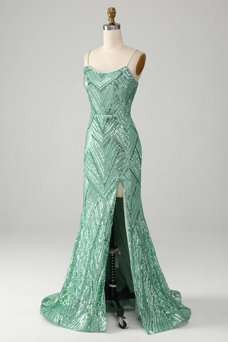 Load image into Gallery viewer, Sparkly Green Sequins Lace-Up Back Long Mermaid Prom Dress med Slit