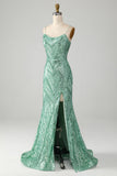 Sparkly Green Sequins Lace-Up Back Long Mermaid Prom Dress med Slit