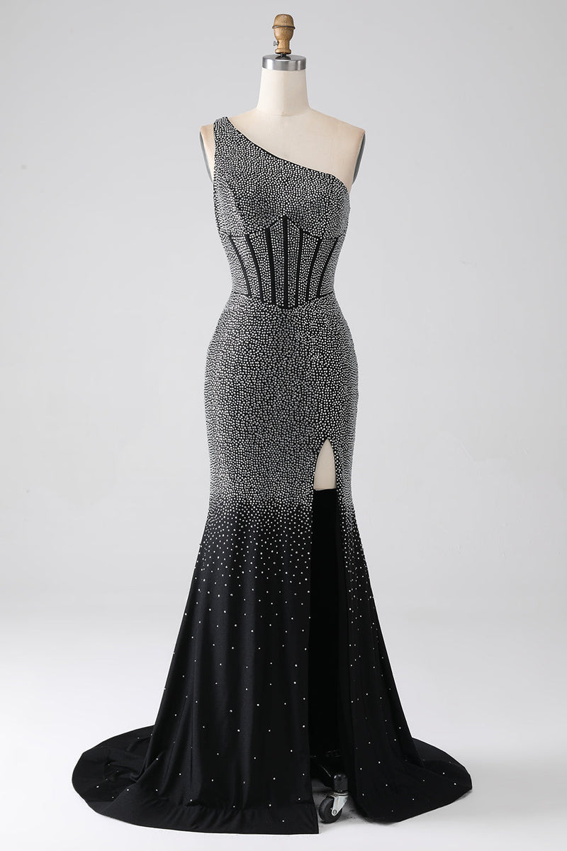 Load image into Gallery viewer, Sparkly Black Mermaid One Shoulder Corset Prom Dress