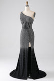 Sparkly Black Mermaid One Shoulder Corset Prom Dress