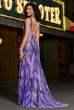 Sparkly Mermaid V Neck Dark Purple Sequins Long Prom Kjole med åpen rygg