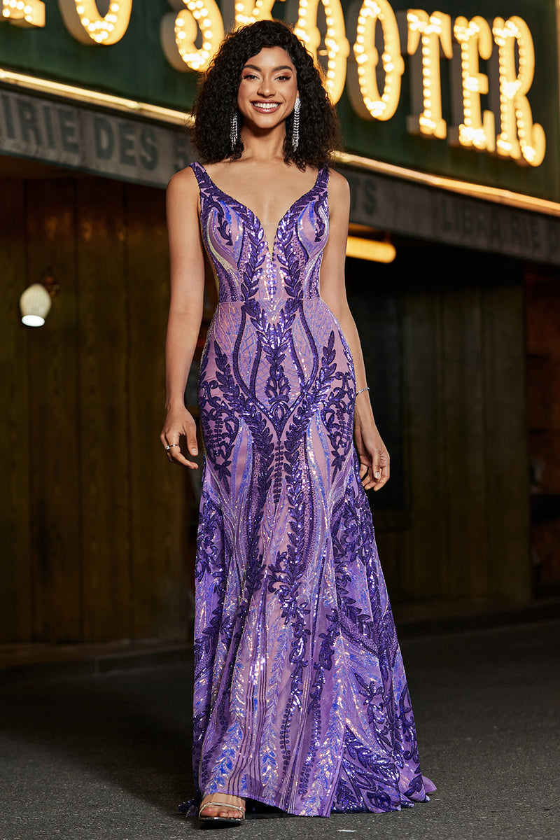 Load image into Gallery viewer, Sparkly Mermaid V Neck Dark Purple Sequins Long Prom Kjole med åpen rygg