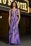 Sparkly Mermaid V Neck Dark Purple Sequins Long Prom Kjole med åpen rygg