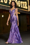 Sparkly Mermaid V Neck Dark Purple Sequins Long Prom Kjole med åpen rygg