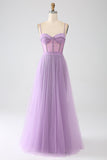 A-Line Lilac Spaghetti stropper Long Corset Prom Dress