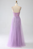 A-Line Lilac Spaghetti stropper Long Corset Prom Dress