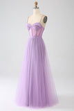 A-Line Lilac Spaghetti stropper Long Corset Prom Dress