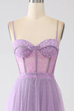 A-Line Lilac Spaghetti stropper Long Corset Prom Dress