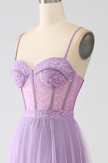A-Line Lilac Spaghetti stropper Long Corset Prom Dress