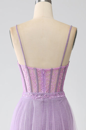 A-Line Lilac Spaghetti stropper Long Corset Prom Dress