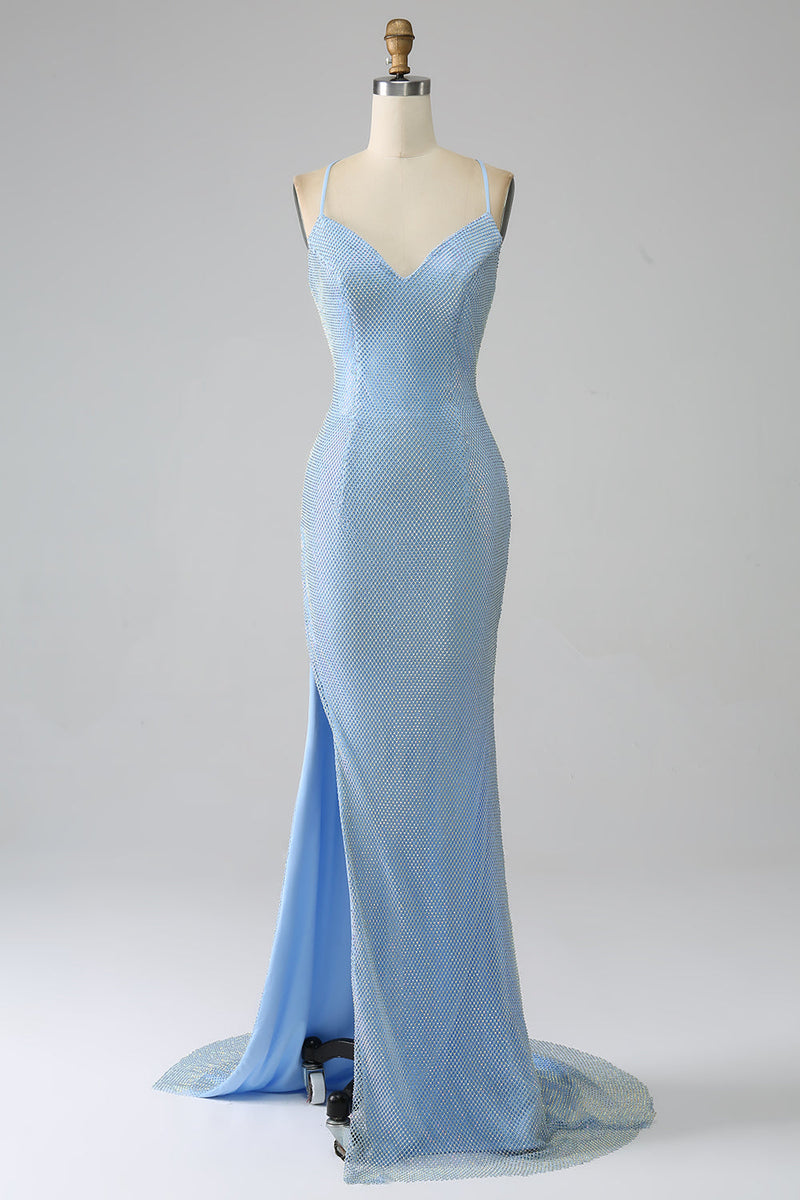 Load image into Gallery viewer, Havfrue blå lang ballkjole med spalt